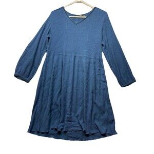 Gudrun Sjoden Lagenlook Long Sleeve Midi Dress Blue Size Medium Velvet Trim